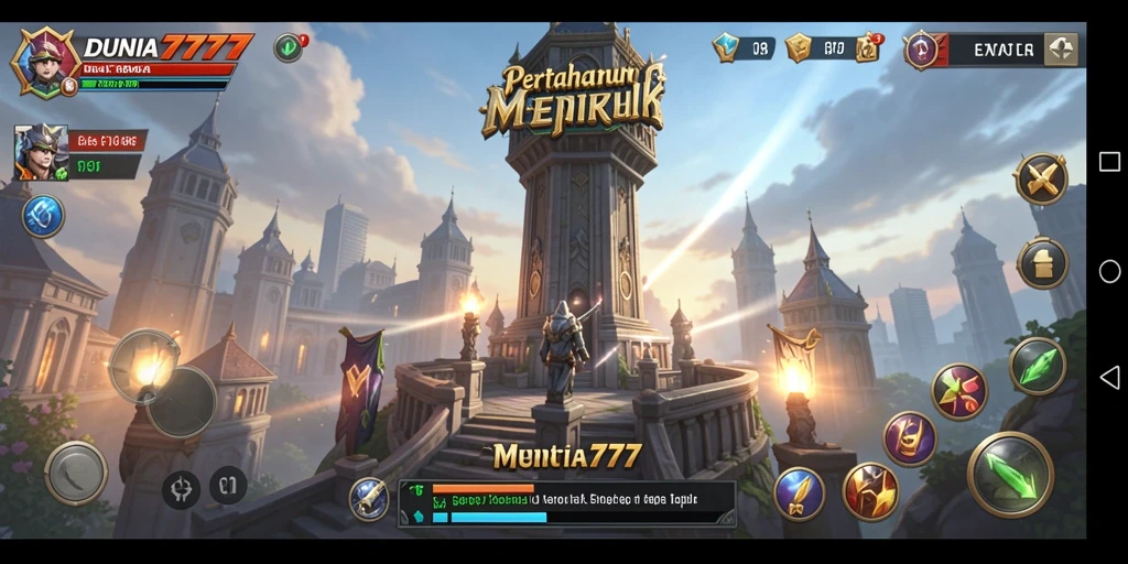 Screenshot DUNIA777 menampilkan serangan menara dalam gameplay Tower Defense.