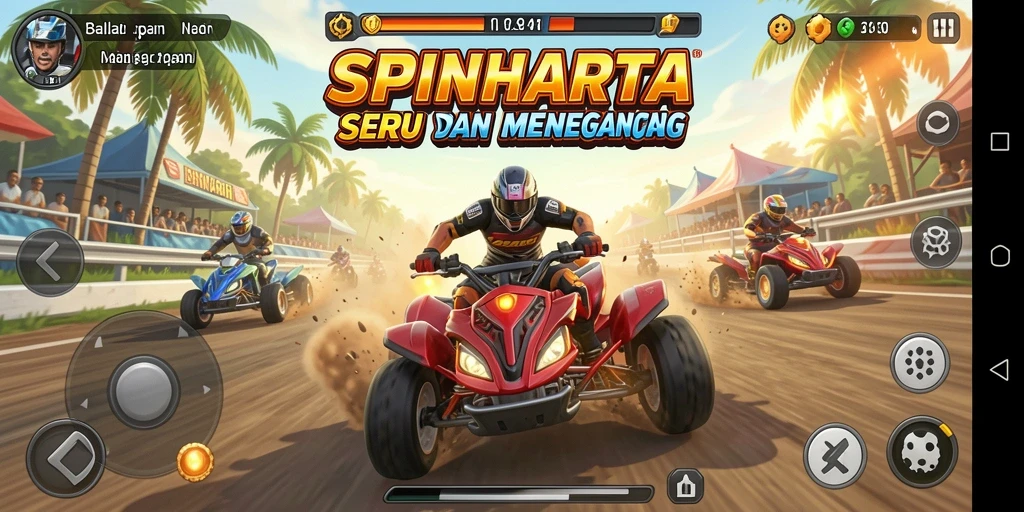 Screenshot gameplay SPINHARTA menampilkan balapan yang intens dan menarik.