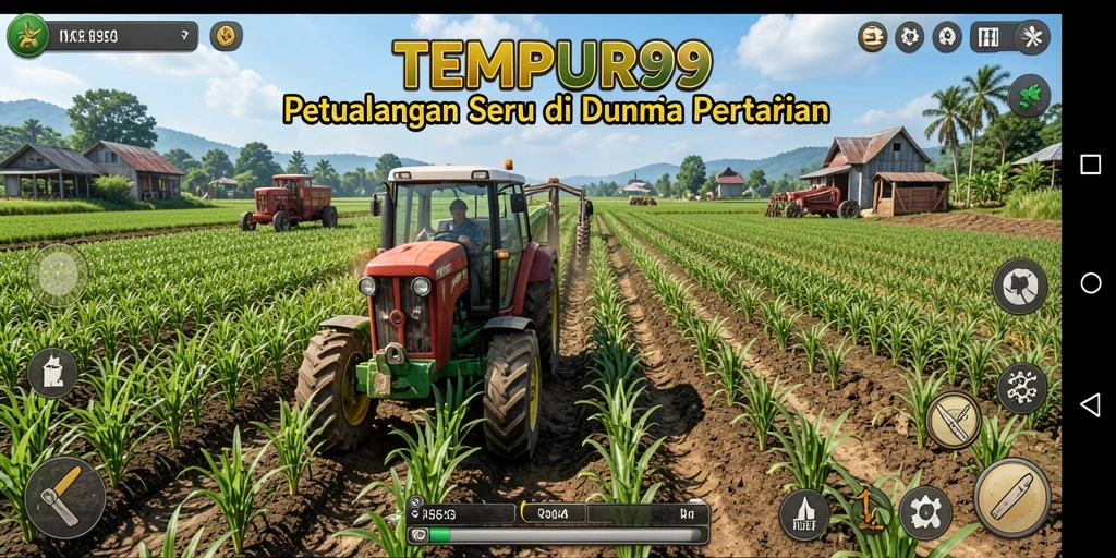 Tampilan screenshot utama TEMPUR99 yang menunjukkan aktivitas bertani.